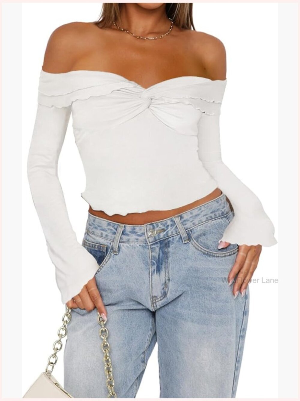 Off Shoulder Crop Top Long Sleeve Twist Front Y2K Going Out Shirt